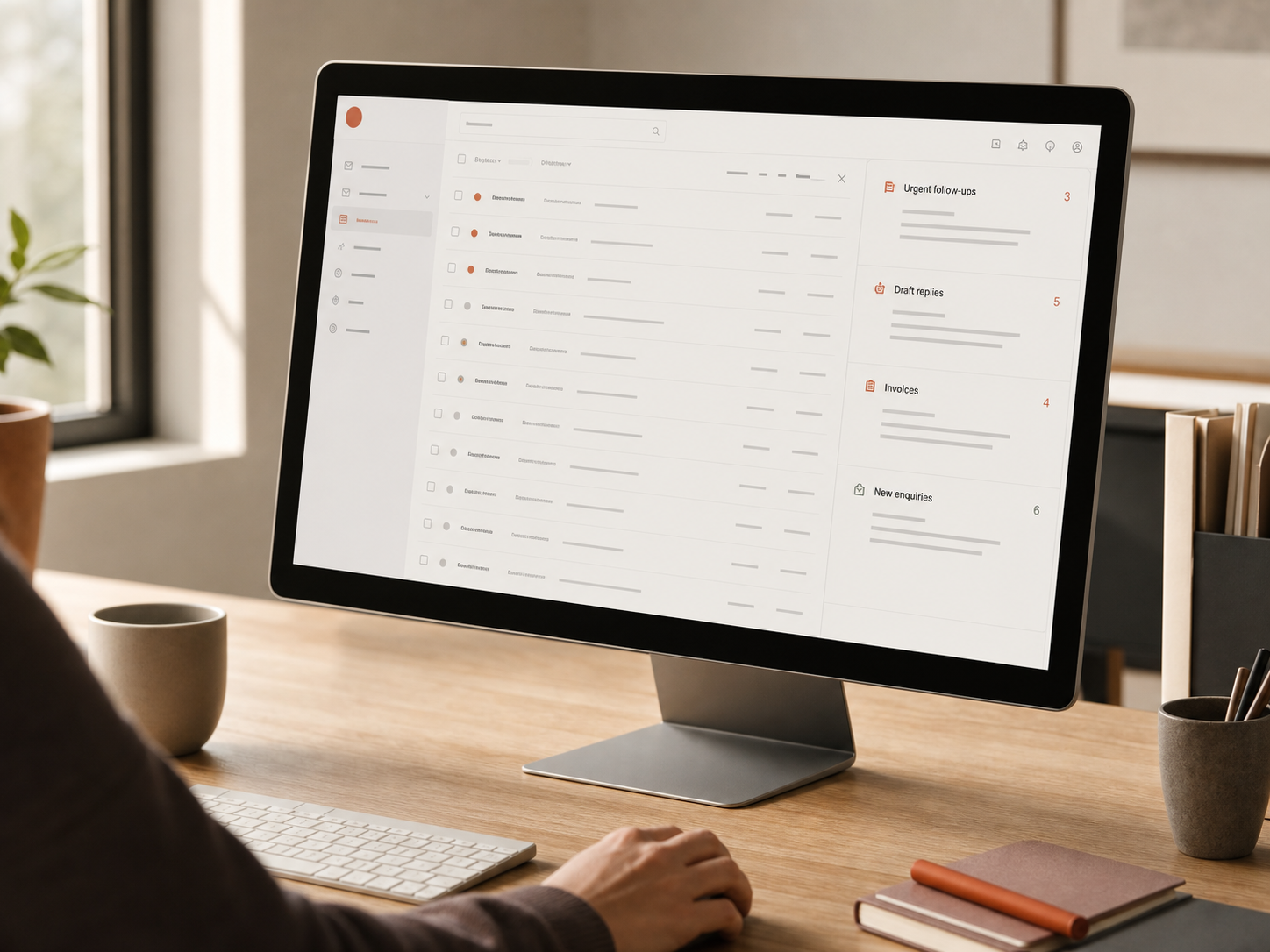 An organised business inbox showing urgent follow-ups, draft replies, invoices and new enquiries