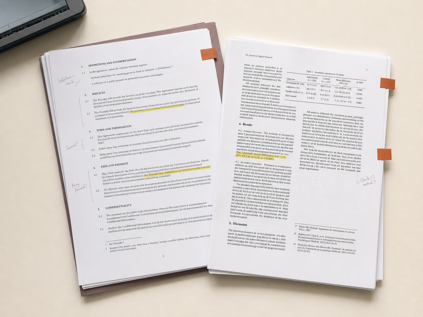 Printed documents with handwritten notes and highlighted details